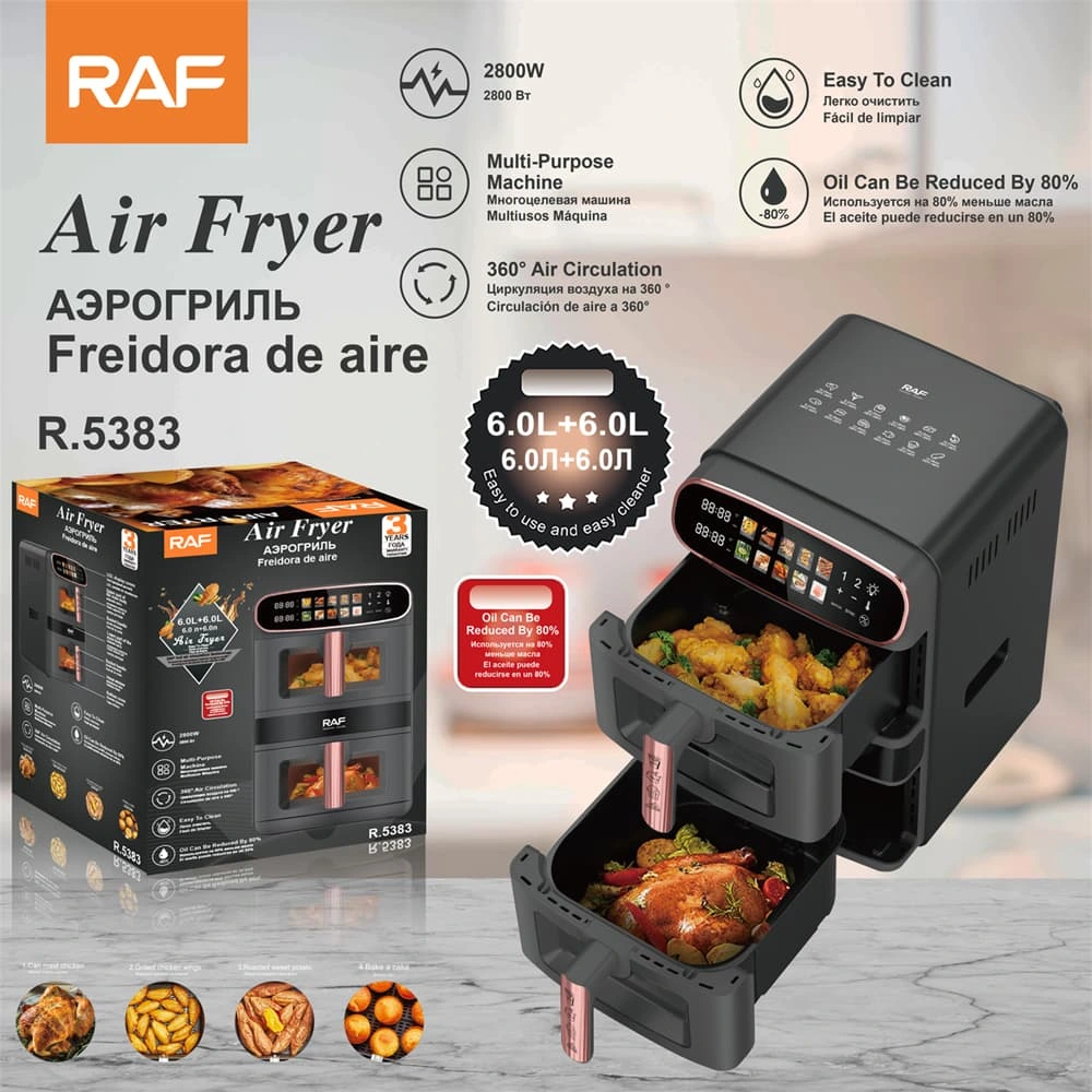 RAF R.5383 12L 6L+6L double basket digital air fryer with touch panel and 360° air circulation