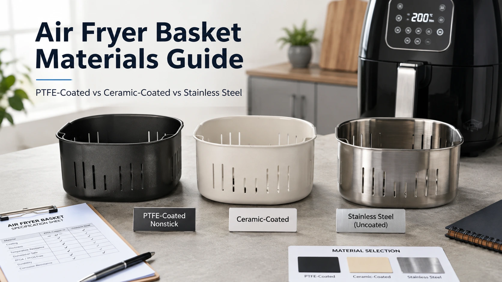 Air Fryer Basket Materials Guide for Importers PTFE-Coated vs Ceramic-Coated vs Stainless Steel