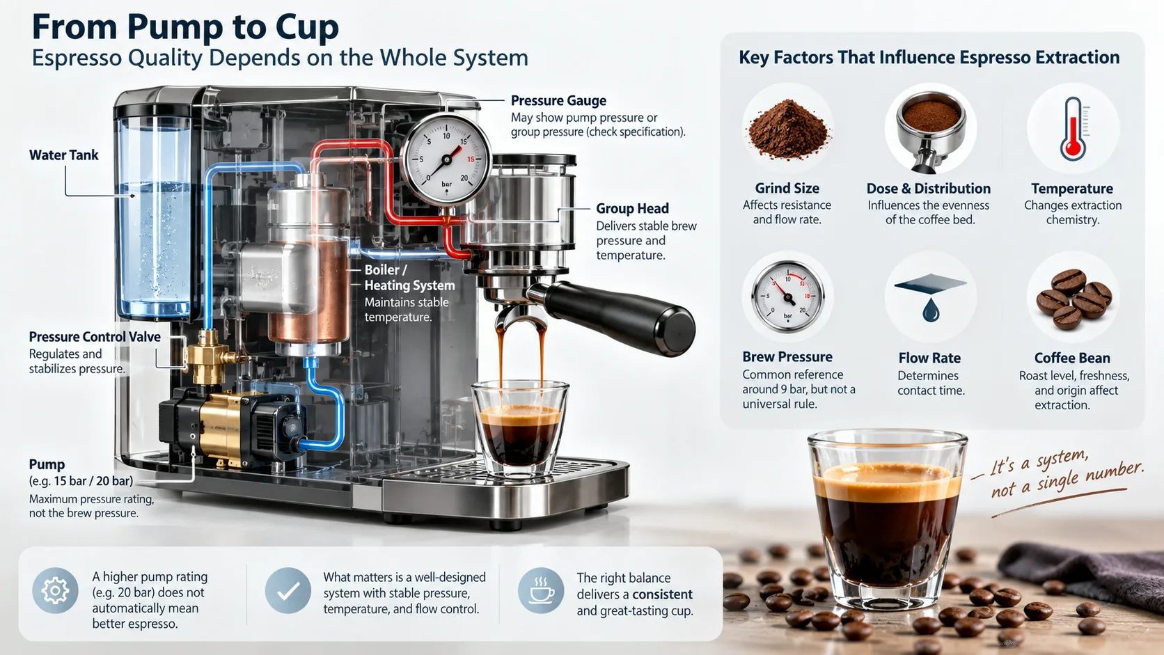 Espresso machine pressure system infographic comparing 15-bar and 20-bar pump ratings with brew pressure, temperature, flow, grind size, and dose